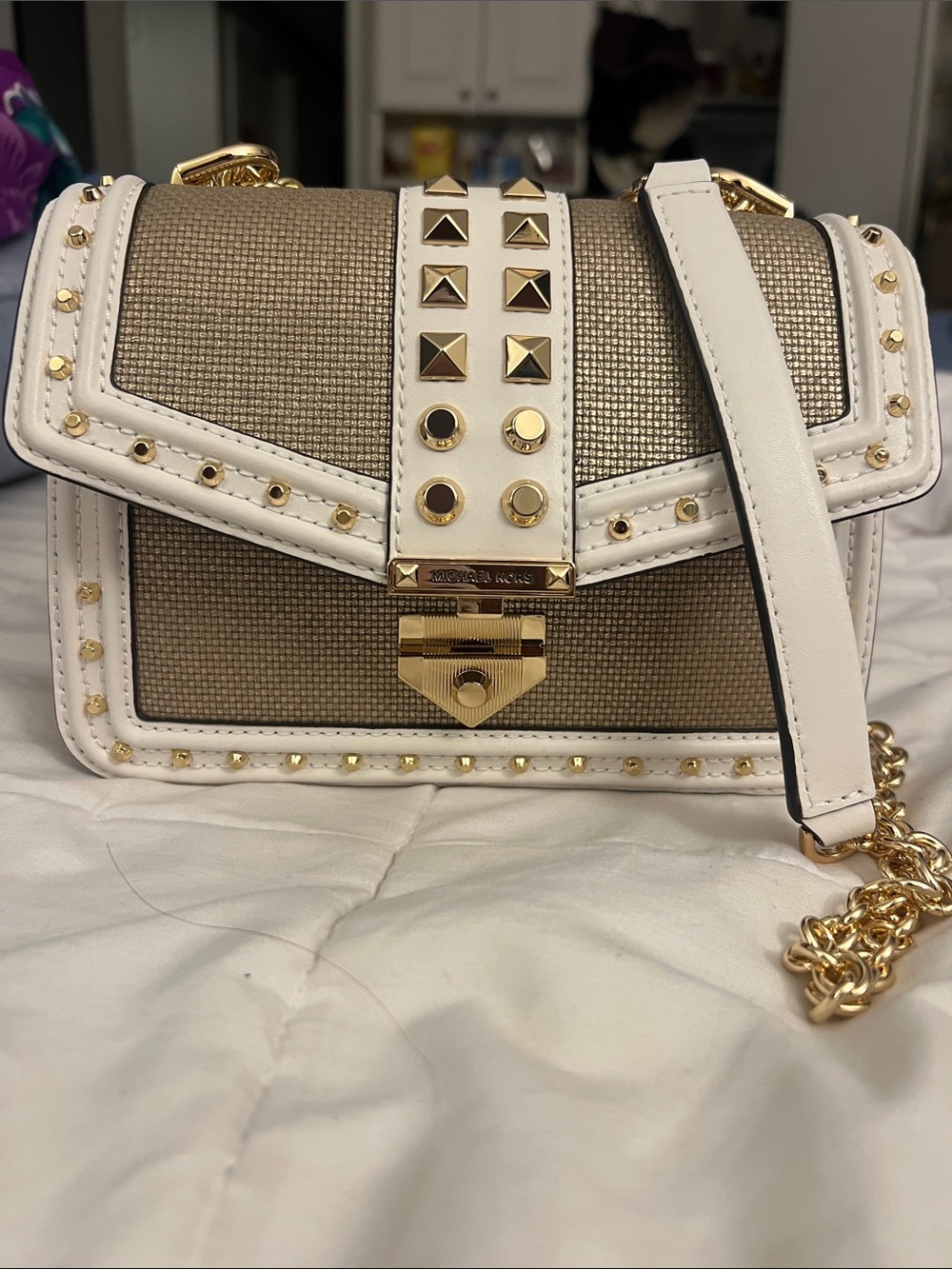 Michael Kors Gold and White Studded Crossbody Bag